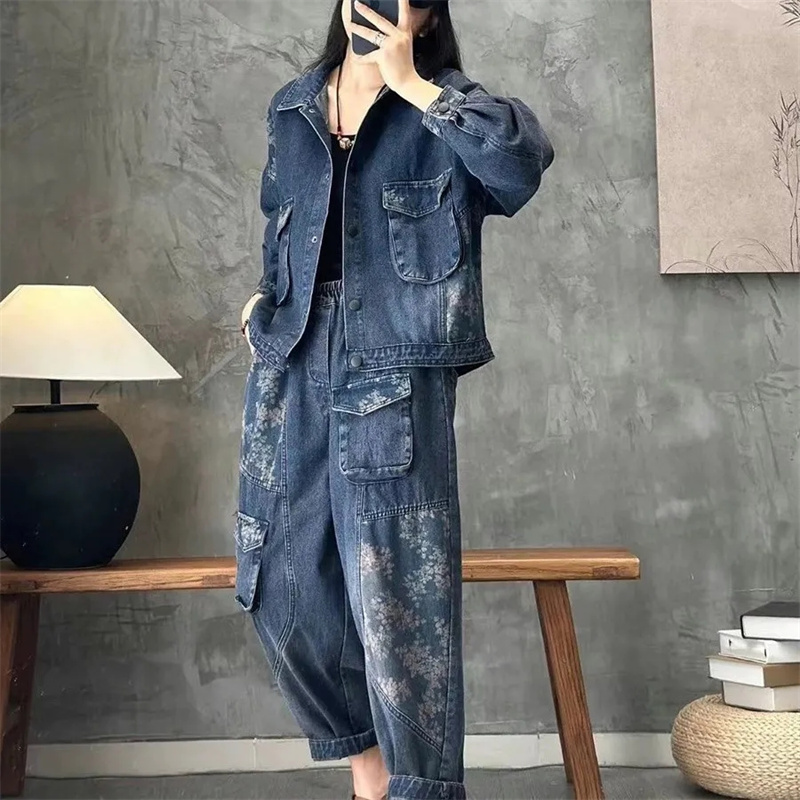 Denim Jacket Vintage - 2025 الخريف الدنيم سترة الدعاوى منقوشة