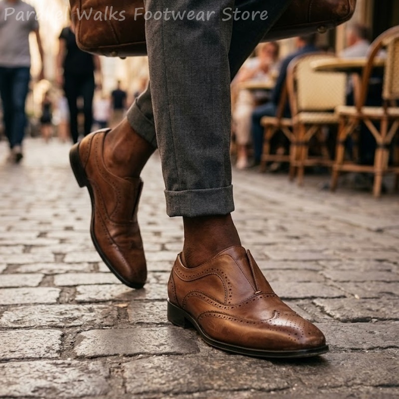 Oxford Shoes Brogue - أحذية رجالية جلدية بنية اللون بتصميم