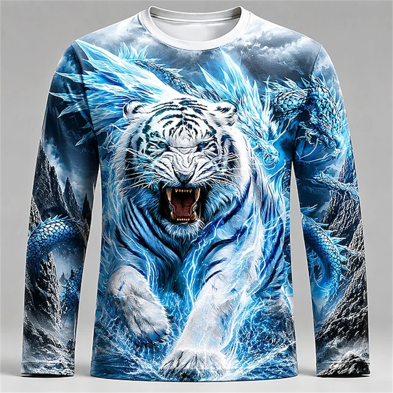 Mens Fashion Streetwear - قميص رجالي بأكمام طويلة بطبعة النمر
